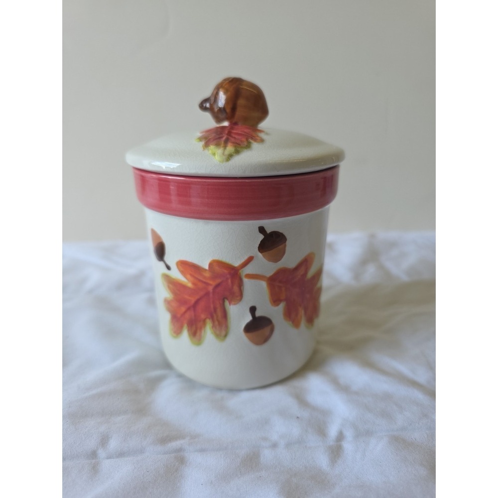 Hallmark Ceramic Acorn Crock Jar With Lid‎ Embossed Fall Oak Leaves Autumn